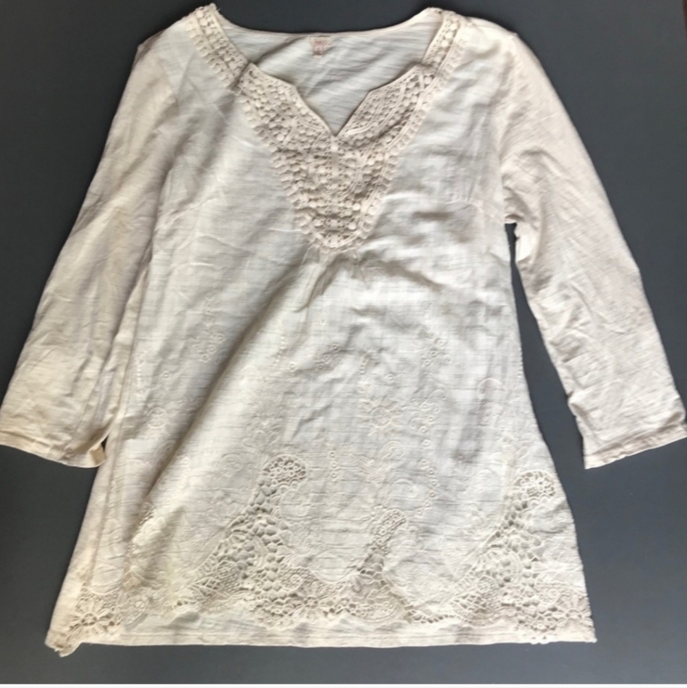 Reba Top Cream Boho Brocade Lace Size Small 3/4 Length Sleeve Tunic